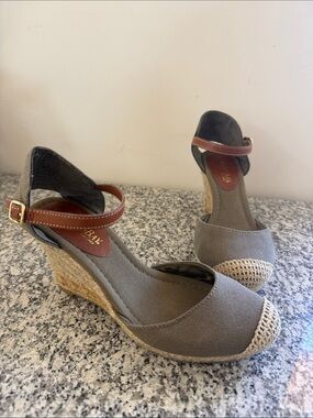Wedge Espadrille Sandals in Olive Green with Brown Ankle Strap